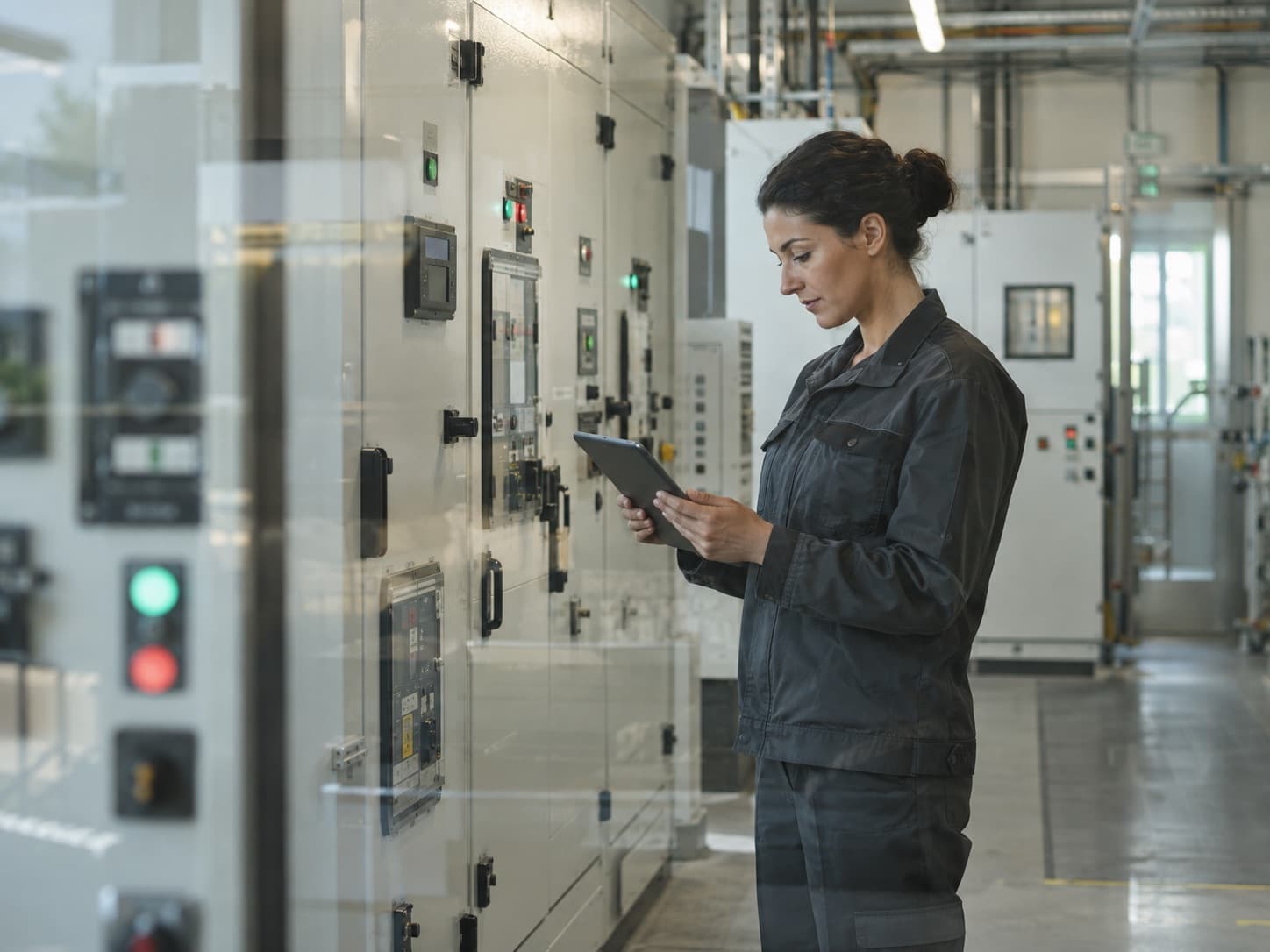 Ingenieurin mit Tablet vor elektrischen Schaltanlagen