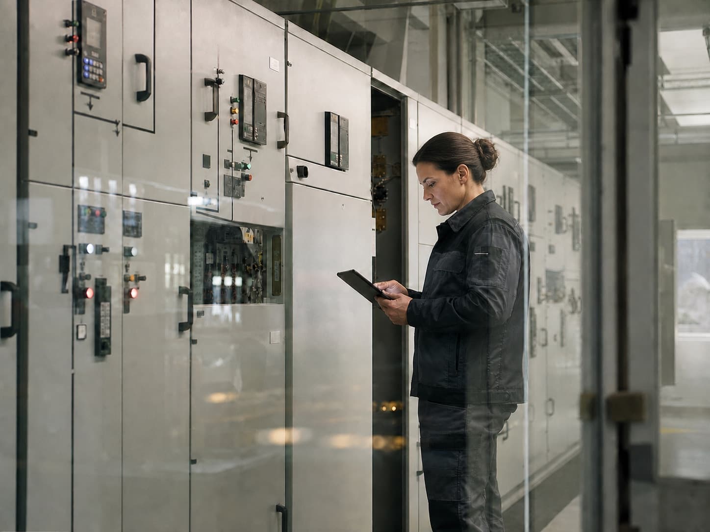 Ingenieurin mit Tablet vor elektrischen Schaltanlagen
