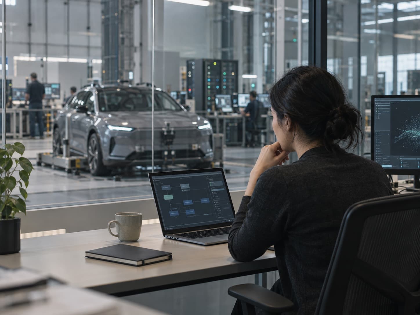 Entwicklerin arbeitet an Fahrzeugsoftware, im Hintergrund ein Fahrzeug im Entwicklungslabor